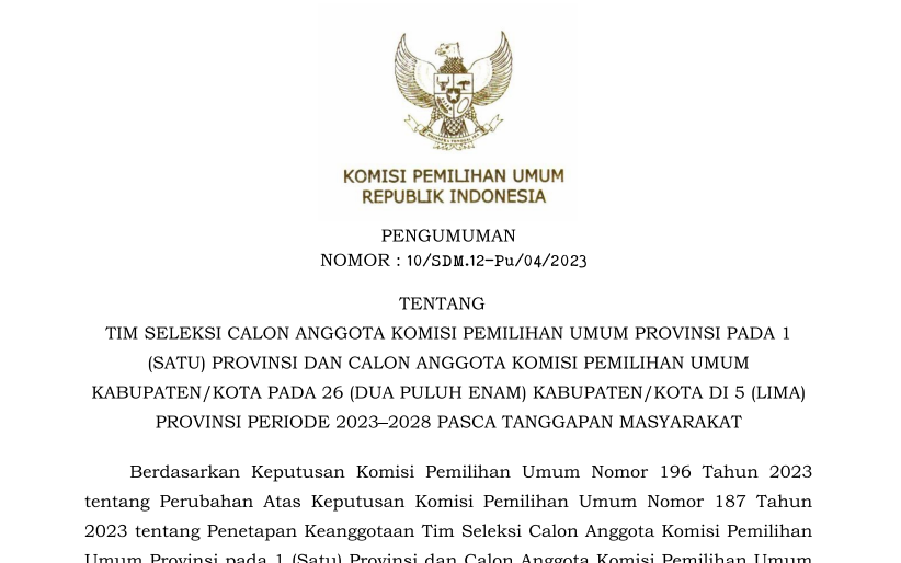 Pengumuman Tentang Tim Seleksi Calon Anggota KPU Provinsi Pada 1 (satu ...